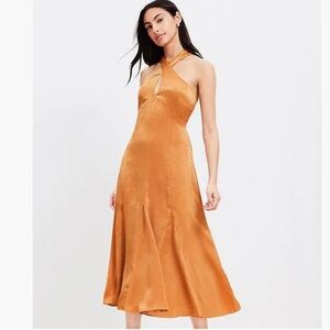 LOFT Satin Godet Halter Midi Dress Brown Size 6